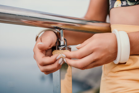 Hands, lock, heart, love, valentines day. Close-up of a womans hands holding heart shaped padlock with a heart. The concept of Valentines day, wedding, symbol of love and fidelity.の写真素材