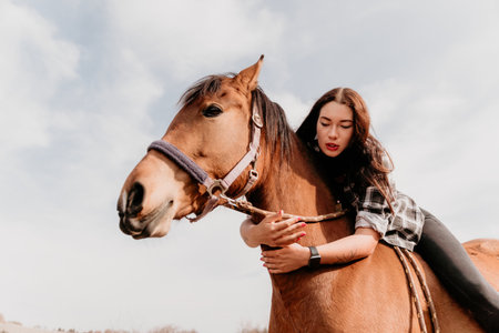 Young happy woman in hat with her horse in evening sunset light. Outdoor photography with fashion model girl. Lifestyle mood. Concept of outdoor riding, sports and recreation.の写真素材