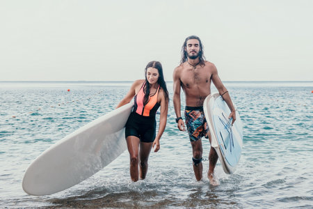 Sea woman and man on sup. Silhouette of happy young woman and man, surfing on SUP board, confident paddling through water surface. Idyllic sunset. Active lifestyle at sea or river.の写真素材