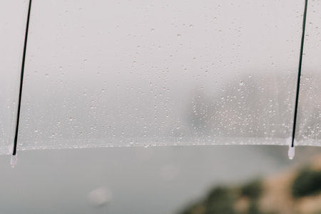 Woman rain umbrella. Happy woman portrait wearing a raincoat with transparent umbrella outdoors on rainy day in park near sea. Girl on the nature on rainy overcast day.の写真素材