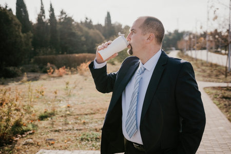 Mature entrepreneur drink coffee in autumn park. Senior executive rest in city park.の写真素材