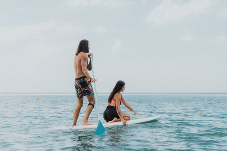 Sea woman and man on sup. Silhouette of happy young woman and man, surfing on SUP board, confident paddling through water surface. Idyllic sunset. Active lifestyle at sea or river.の写真素材
