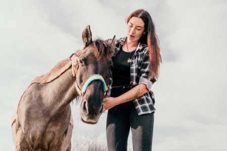 Young happy woman with her pony horse in evening sunset light. Outdoor photography with fashion model girl. Lifestyle mood. Concept of outdoor riding, sports and recreation.の写真素材