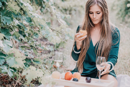 Woman picnic vineyard. Happy woman with a glass of wine at a picnic in the vineyard, wine tasting at sunset and open nature in the summer. Romantic dinner, fruit and wine.の写真素材