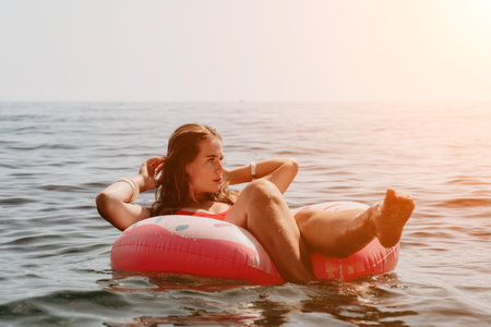 Woman summer sea. Happy woman swimming with inflatable donut on the beach in summer sunny day,...