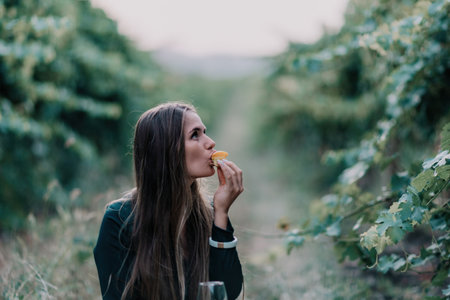 Woman picnic vineyard. Happy woman with a glass of wine at a picnic in the vineyard, wine tasting at sunset and open nature in the summer. Romantic dinner, fruit and wine.の写真素材