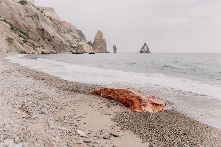 Large red jasper rock on the beach, with the sea in the background. Big Red Jasper Stone Close Upの写真素材