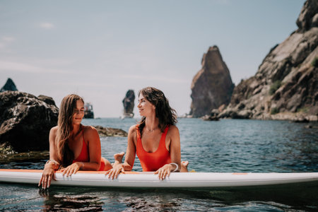 Woman sup yoga. Happy sporty woman practising yoga pilates on paddle sup surfboard. Female stretching doing workout on sea water. Modern individual female hipster outdoor summer sport activity.の写真素材