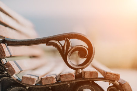 Empty Park wooden bench Closeup view. Wood exterior material. Woの写真素材