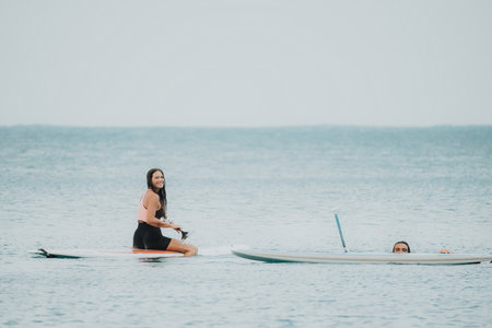 Sea woman and man on sup. Silhouette of happy young woman and man, surfing on SUP board, confident paddling through water surface. Idyllic sunset. Active lifestyle at sea or river.の写真素材