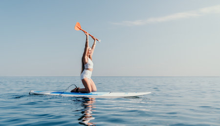 Woman sea sup. Close up portrait of happy young caucasian woman with long hair looking at camera and smiling. Cute woman portrait in bikini posing on sup board in the seaの写真素材