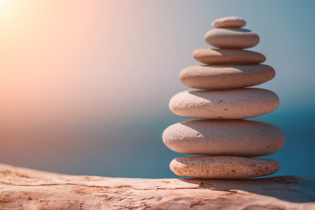 Pyramid stones on the seashore on a sunny day on the blue sea background. Happy holidays. Pebble beach, calm sea, travel destination. Concept of happy vacation on the sea, meditation, spa, calmness.の写真素材