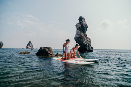 Woman sup yoga. Happy sporty woman practising yoga pilates on paddle sup surfboard. Female stretching doing workout on sea water. Modern individual female hipster outdoor summer sport activity.の写真素材