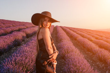 Woman lavender field. Happy carefree woman in black dress and hat with large brim walking in a lavender field during sunset. Perfect for inspirational and warm concepts in travel and wanderlust.の写真素材