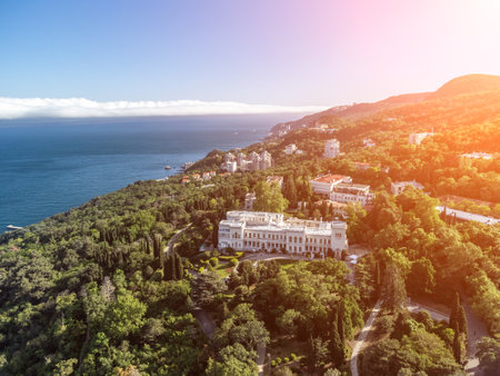 Aerial View of Livadia Palace - located on the shores of the Black Sea in the village of Livadia in the Yalta region of Crimea. Livadia Palace was a summer retreat of the last Russian tsar Nicholas IIの写真素材