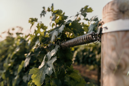 Clusters of ripe sweet grapes among the green leaves of grape bushes. Autumn magic. Smooth rows of vineyards.の写真素材