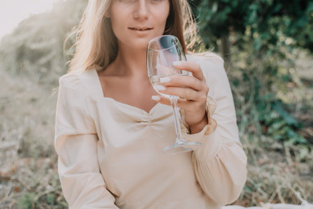Woman picnic vineyard. Happy woman with a glass of wine at a picnic in the vineyard, wine tasting at sunset and open nature in the summer. Romantic dinner, fruit and wine.の写真素材