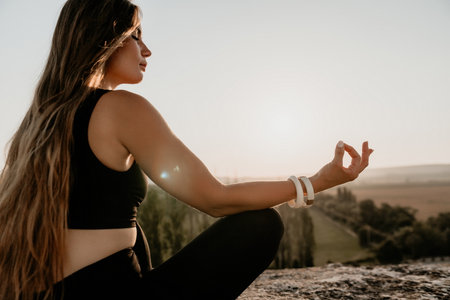 Fitness woman. Well looking middle aged woman with long hair, fitness instructor in leggings and tops doing stretching and pilates on the rock near forest. Female fitness yoga routine concept.の写真素材