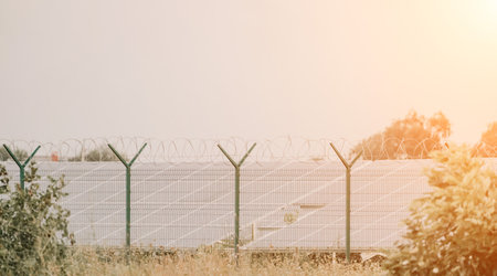 Large solar station with blue photovoltaic panels fenced with lattice and barbed wire. Producing clean energy from the sun and minimizing the carbon footprint.の写真素材