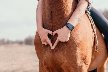 Young happy woman in hat with her horse in evening sunset light. Outdoor photography with fashion model girl. Lifestyle mood. Concept of outdoor riding, sports and recreation.の写真素材