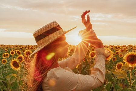 Woman in Sunflower Field: Happy girl in a straw hat posing in a vast field of sunflowers at sunset, enjoy taking picture outdoors for memories. Summer time.の写真素材