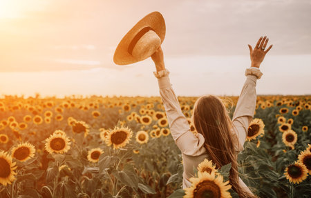 Woman in Sunflower Field: Happy girl in a straw hat posing in a vast field of sunflowers at sunset, enjoy taking picture outdoors for memories. Summer time.の写真素材