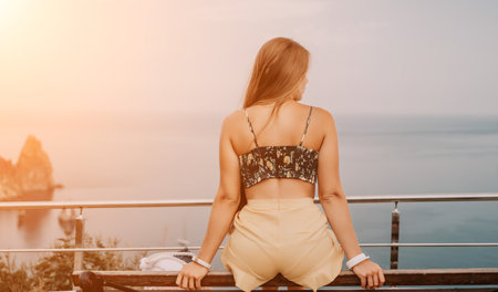 Woman travel sea. Happy tourist enjoy taking picture outdoors for memories. Woman traveler looks at...