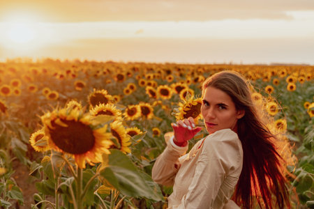 Woman in Sunflower Field: Happy girl in a straw hat posing in a vast field of sunflowers at sunset, enjoy taking picture outdoors for memories. Summer time.の写真素材
