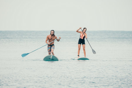 Sea woman and man on sup. Silhouette of happy young woman and man, surfing on SUP board, confident paddling through water surface. Idyllic sunset. Active lifestyle at sea or river.の写真素材