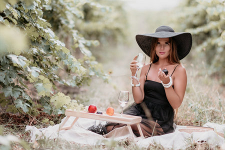 Woman picnic vineyard. Happy woman with a glass of wine at a picnic in the vineyard, wine tasting at sunset and open nature in the summer. Romantic dinner, fruit and wine.の写真素材