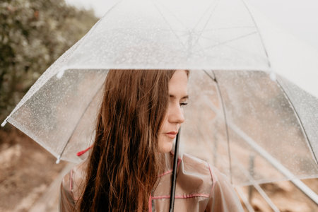 Woman rain umbrella. Happy woman portrait wearing a raincoat with transparent umbrella outdoors on rainy day in park near sea. Girl on the nature on rainy overcast day.の写真素材