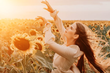 Woman in Sunflower Field: Happy girl in a straw hat posing in a vast field of sunflowers at sunset, enjoy taking picture outdoors for memories. Summer time.の写真素材