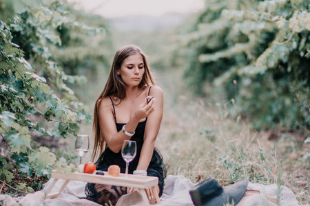 Woman picnic vineyard. Happy woman with a glass of wine at a picnic in the vineyard, wine tasting at sunset and open nature in the summer. Romantic dinner, fruit and wine.の写真素材