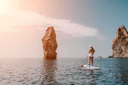 Woman sea sup. Close up portrait of happy young caucasian woman with long hair looking at camera and smiling. Cute woman portrait in bikini posing on sup board in the seaの写真素材