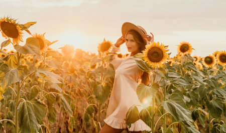 Woman in Sunflower Field: Happy girl in a straw hat posing in a vast field of sunflowers at sunset, enjoy taking picture outdoors for memories. Summer time.の写真素材