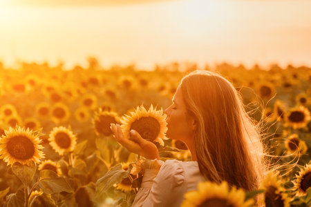 Woman in Sunflower Field: Happy girl in a straw hat posing in a vast field of sunflowers at sunset, enjoy taking picture outdoors for memories. Summer time.の写真素材