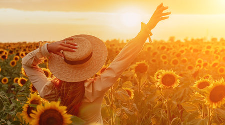 Woman in Sunflower Field: Happy girl in a straw hat posing in a vast field of sunflowers at sunset, enjoy taking picture outdoors for memories. Summer time.の写真素材