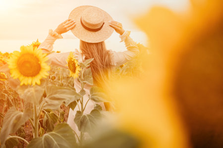 Woman in Sunflower Field: Happy girl in a straw hat posing in a vast field of sunflowers at sunset, enjoy taking picture outdoors for memories. Summer time.の写真素材