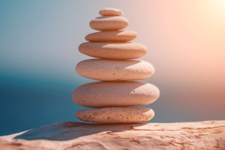 Balanced rock pyramid on sea pebbles beach, sunny day and clear sky at sunset. Golden sea bokeh on background. Selective focus, zen stones on sea beach, meditation, spa, harmony, calm, balance conceptの写真素材