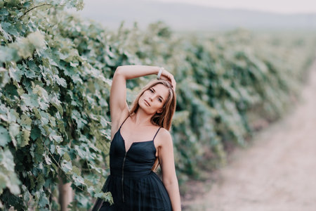Woman travel winery. Portrait of happy woman holding glass of wine and enjoying in vineyard. Elegant young lady in hat toasting with wineglass smiling cheerfully enjoying her stay at vineyard.の写真素材
