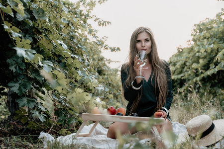 Woman picnic vineyard. Happy woman with a glass of wine at a picnic in the vineyard, wine tasting at sunset and open nature in the summer. Romantic dinner, fruit and wine.の写真素材