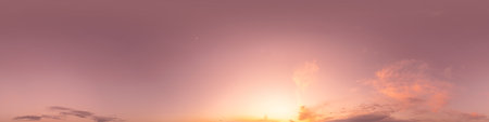 Bright sunset sky panorama with glowing red pink Cumulus clouds. HDR 360 seamless spherical panorama. Sky dome or zenith in 3D, sky replacement for aerial drone panoramas. Climate and weather change.の写真素材