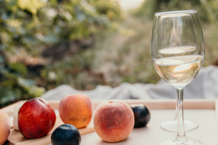 Woman picnic vineyard. Happy woman with a glass of wine at a picnic in the vineyard, wine tasting at sunset and open nature in the summer. Romantic dinner, fruit and wine.の写真素材
