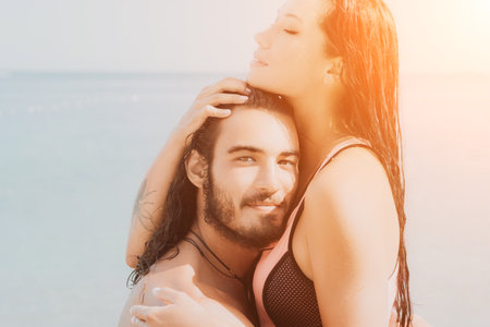 Woman man sea sup. Close up portrait of happy young caucasian woman with black hair and freckles...