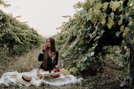 Woman picnic vineyard. Happy woman with a glass of wine at a picnic in the vineyard, wine tasting at sunset and open nature in the summer. Romantic dinner, fruit and wine.の写真素材