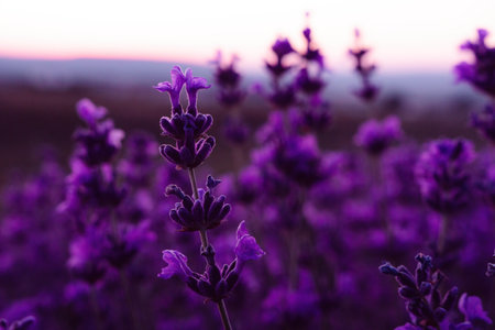 Lavender flower field closeup on sunset, fresh purple aromatic flowers for natural background....