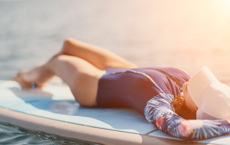 Woman sup yoga. Middle age sporty woman practising yoga pilates on paddle sup surfboard. Female stretching doing workout on sea water. Modern individual female hipster outdoor summer sport activity.の写真素材
