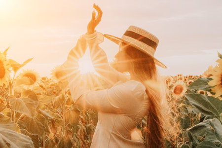 Woman in Sunflower Field: Happy girl in a straw hat posing in a vast field of sunflowers at sunset, enjoy taking picture outdoors for memories. Summer time.の写真素材