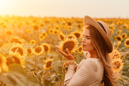 Woman in Sunflower Field: Happy girl in a straw hat posing in a vast field of sunflowers at sunset, enjoy taking picture outdoors for memories. Summer time.の写真素材