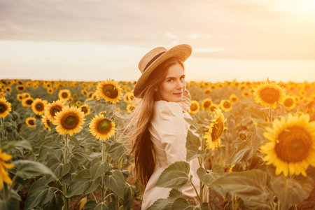 Woman in Sunflower Field: Happy girl in a straw hat posing in a vast field of sunflowers at sunset, enjoy taking picture outdoors for memories. Summer time.の写真素材